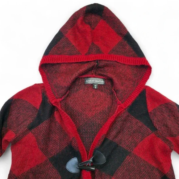 Almost Famous Red Black Buffalo Plaid Hooded Toggle Cardigan Womens Retro - Picture 4 of 9